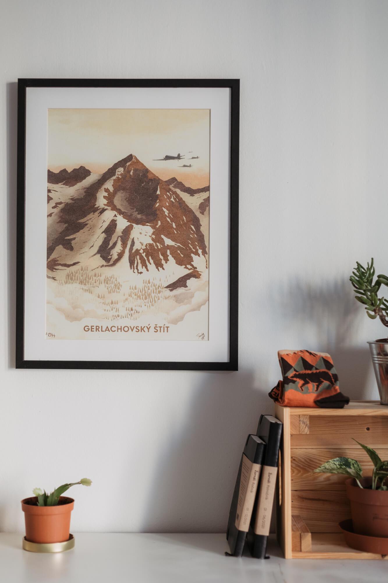 Poustr: Gerlachovský štít, Vysoké Tatry, SNP, Frenky Hříbal, LiLisunov Li-2, poctivý slovenský plagát, Československo, limitovaná kolekcia