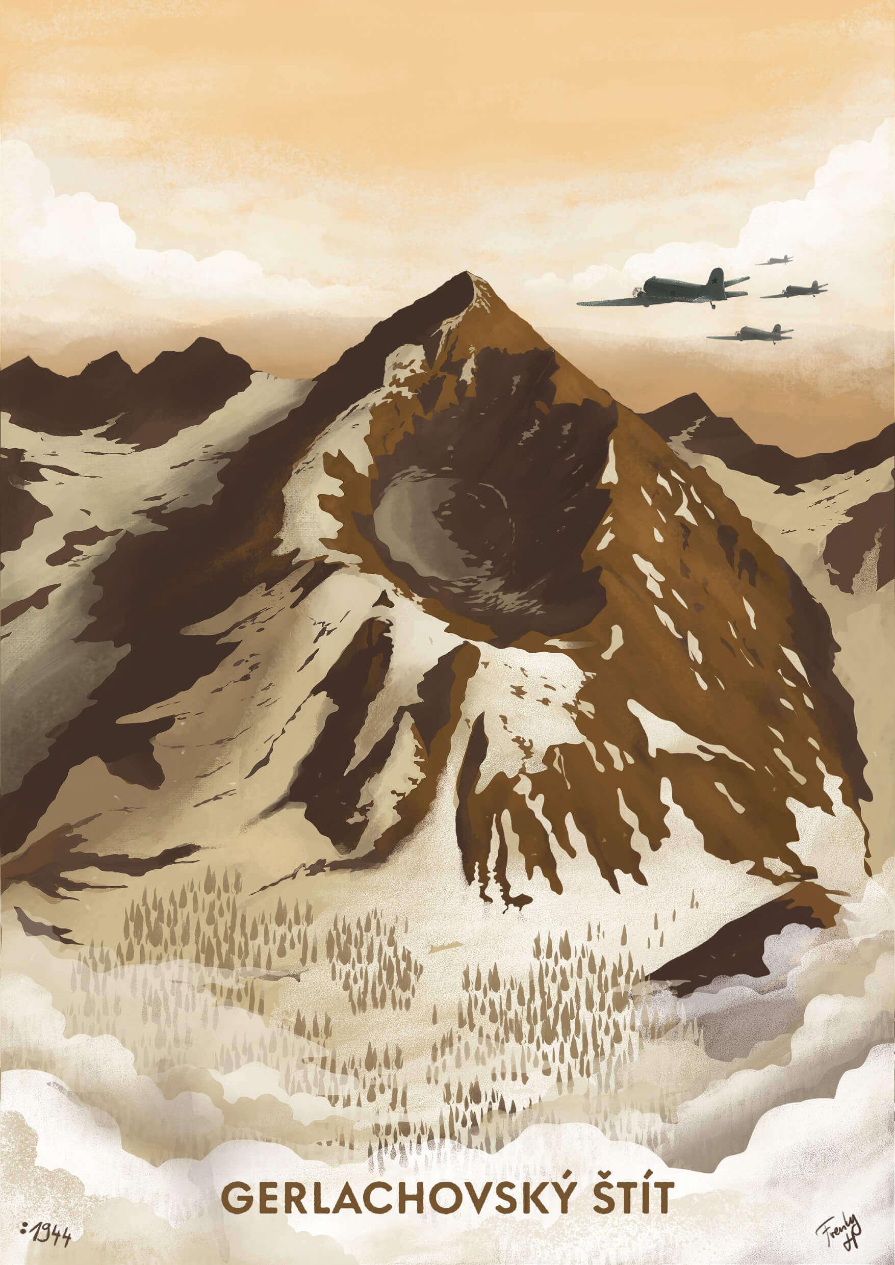 Poustr: Gerlachovský štít, Vysoké Tatry, SNP, Frenky Hříbal, LiLisunov Li-2, poctivý slovenský plagát, Československo, limitovaná kolekcia